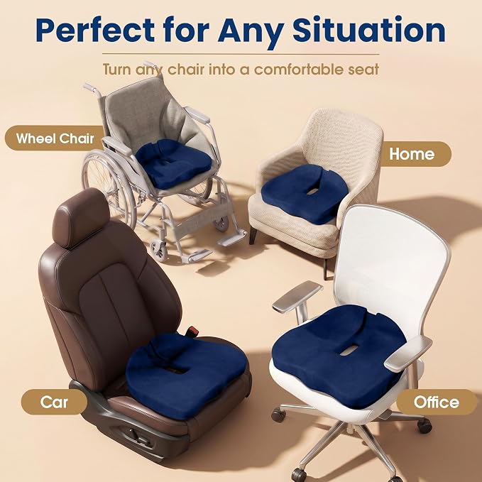 Seat Cushion,Thick Memory Foam Cushions for Office Chair, Car Seat, Airplane, Relieving Pressure Tailbone Sciatica Back Pain for Long Sitting Office Workers, Car Drivers Blue