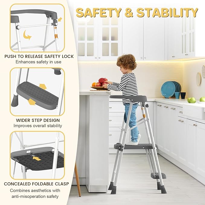 HBTower Kids 2 Steps Step Stool, Toddler Tower with Anti-Drop Safty Railing, Toddler Kitchen Stool Helper for Kitchen Counter Learning Kids Standing Folding Stepper