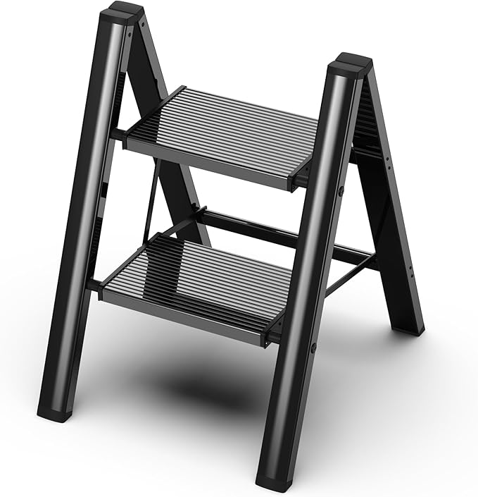 2 Step Ladder, Folding Step Stool with Wider Pedal, Anti-Slip Feet & Non Slip Stripes, Aluminum Sturdy Material, 300Lbs Capacity, Elegant Look of Piano Black Better Matches Your Home