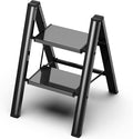 2 Step Ladder, Folding Step Stool with Wider Pedal, Anti-Slip Feet & Non Slip Stripes, Aluminum Sturdy Material, 300Lbs Capacity, Elegant Look of Piano Black Better Matches Your Home
