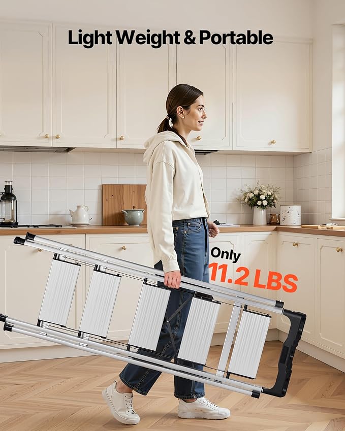 VEVOR 5 Step Ladder, Folding Step Stool with Wide Anti-Slip Pedal and Comfort Handgrip, 330 lbs Capacity Portable Aluminum Stepladder, Multi-Use for Kitchen, Warehouse, Household and Office, Silver