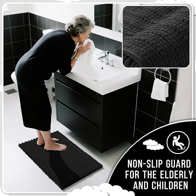 Yimobra Bathroom Runner Rug 70x24 Inch - Extra Long Non Slip Chenille Bath Mat, Soft & Absorbent, Machine Washable Shaggy Hallway Carpet for Vanity Tub Shower, Black Home Decor Accessories