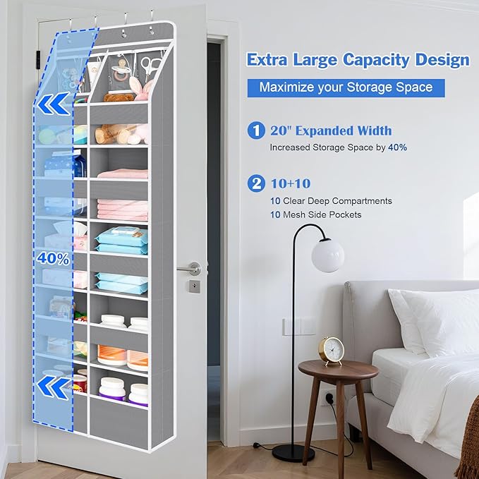 Univivi 6-Shelf Over Door Hanging Organizer Fabric Door Organizer with 10 Deep Pockets and 4 Small PVC Pockets Hanging Storage Organizers for Baby Nursery(Grey)