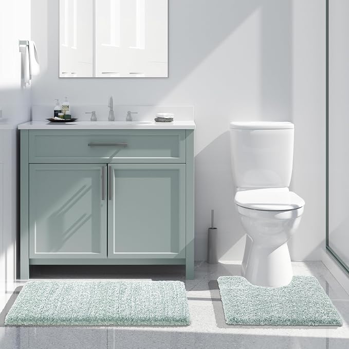 Yimobra Bath Rugs for Bathroom 32X20, Ultra Soft and Water Absorbent Bath Mats, Non Slip Plush Shower Mat, Microfiber Thick Matts for Bathroom Floor/Tub, Machine Washable, Sky Light Blue and White