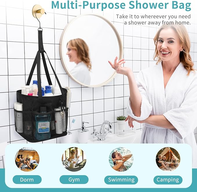 Mesh Shower Caddy Portable for College Dorm Room Essentials, Shower Tote Bag with Hanging Hook and Drawstring, Quick Dry Toiletry Bag with 6 Pockets for Bathroom, Swimming, Gym, Camping, Beach, Travel