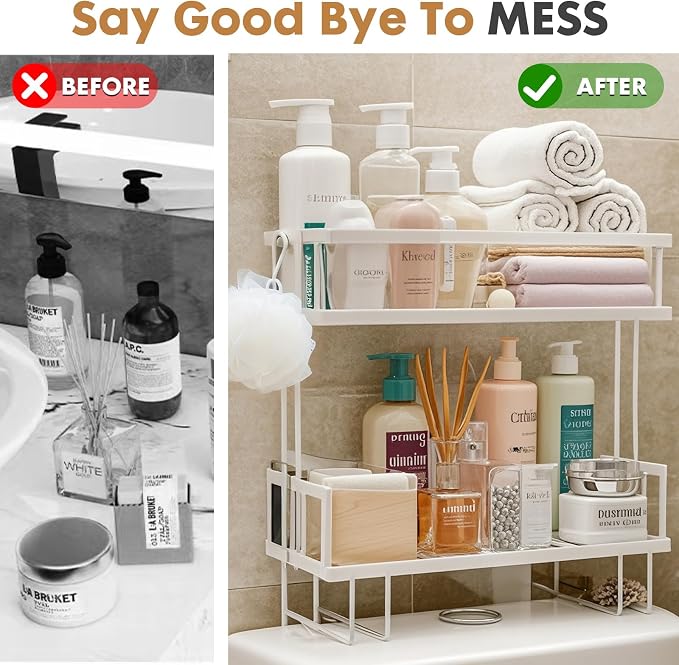 ShellKingdom Over The Toilet Storage Shelf, 2 Tier Toilet Paper Holder Stand Shelves, Punch-Free Bathroom Storage Rack with 2 Hooks, Small Space Organizers for Bathroom, Home, Countertop, White