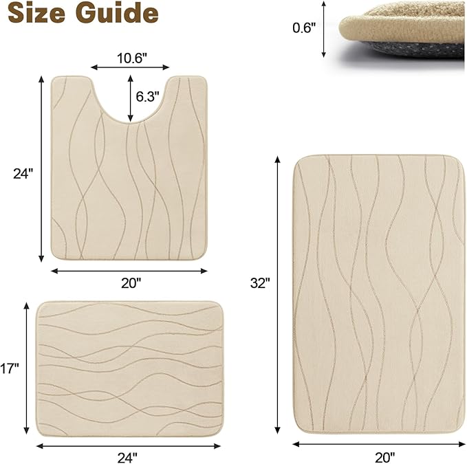 YIHOUSE Memory Foam Bathroom Rug Sets, 3 Piece, Khaki | Ultra Soft, Absorbent, Non-Slip, Machine Washable