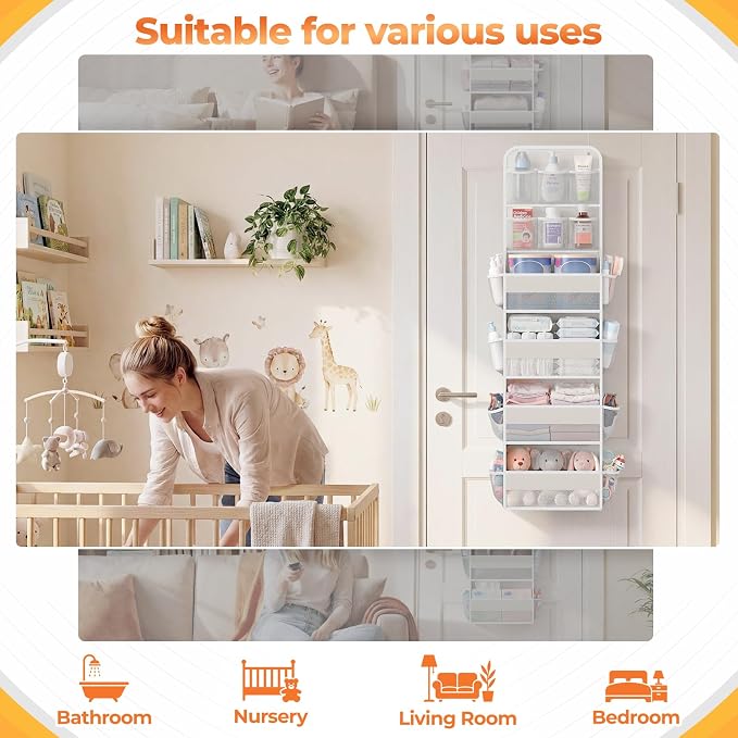 SpaceHacks 6-Tier Over the Door Organizer with Mesh Pockets, Baby Nursery Storage for Closet, Bathroom and Bedroom, Adjustable Hanging Closet Organizer for Cosmetics, Books and Essentials (Beige)