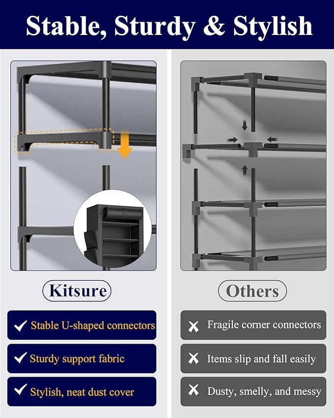Kitsure Shoe Rack - 10-Tier Large Capacity Shoe Organizer Shelf with Dust Cover & Side Pockets, Rust-Proof Metal Shoe Rack for Closet, Entrance, Living Room, 17.5" x 12.4" x 69.3", Black