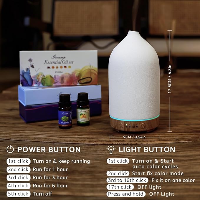 Gooamp 200ML Ceramic Essential Oil Diffuser (2 Pack) - Ultrasonic Aromatherapy & Humidifier with 7-Color LED Lights, Auto Shut-Off, Wood Grain Base, 1H/3H/6H Timer | Scent for Home, Office, Yoga