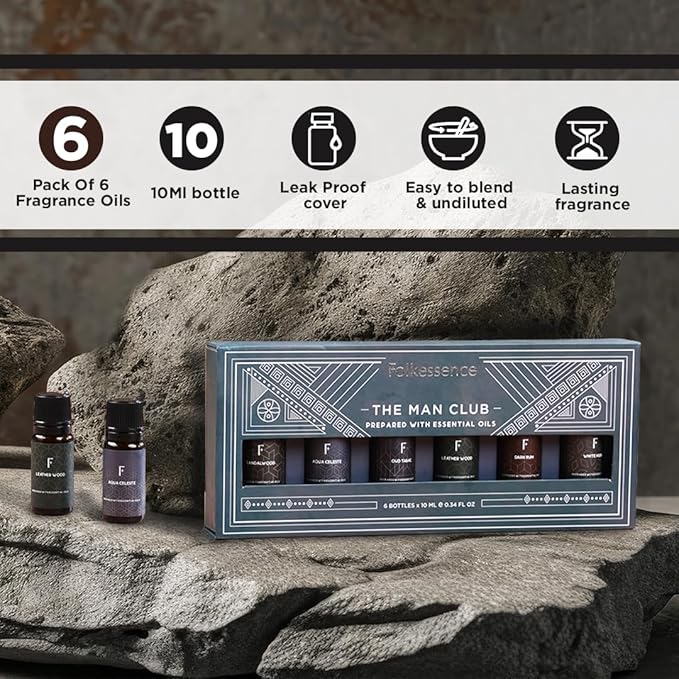Folkulture Men Essential Oils Set for Diffuser, Father's Day & Birthday Gift for Men - 6x10ml Fragrance Oils for Candle Making, Scented Oil Gift Set,Oud,White Musk,Tobacco,Sandalwood & Leather Wood