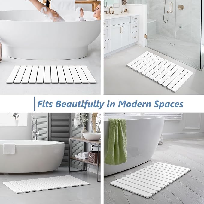 AWW Foldable Stone Bath Mat, Quick Dry Diatomaceous Earth Bath Mat with Non-Slip Mat, Super Absorbent, Easy to Clean, Compact for Small Bathrooms, 31.5 x 15.7, White
