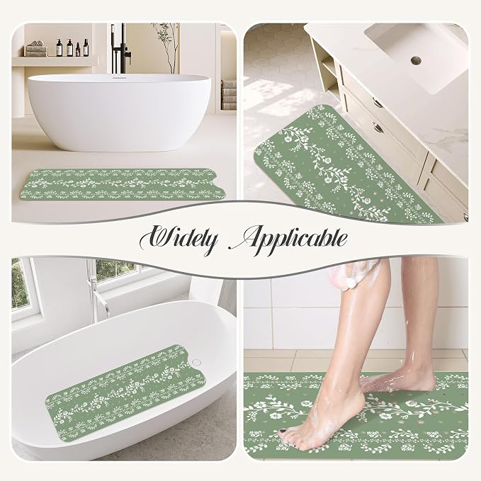 SHUCHING Green Bath Mat for Tub Non Slip for Women-40 X 16 Inch, Flower Non Slip Bathtub Mat for Adults & Elderly Mold Free, Long Shower Mat for Inside Shower with Suction Cup, Machine Washable
