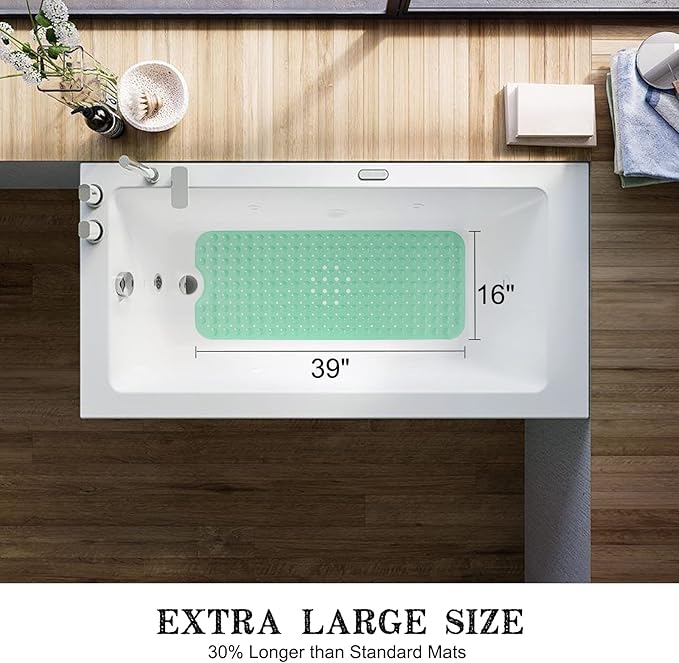 Bathtub and Shower Mats, Extra Long Non-Slip Bath Tub Mat 39 x 16 Inch, Machine Washable Bathmat with Suction Cups & Drain Holes for Bathroom Floor, Pale Green