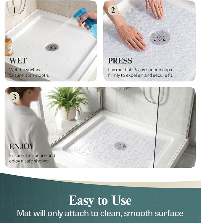 HITSLAM 21x21 Inch Square Shower Mat Non Slip, Anti Slip Bathtub Mat with Strong Suction Cups & Drainage Holes, Machine Washable Bathroom Floor Mat for Inside Shower Stall and Tub, Clear
