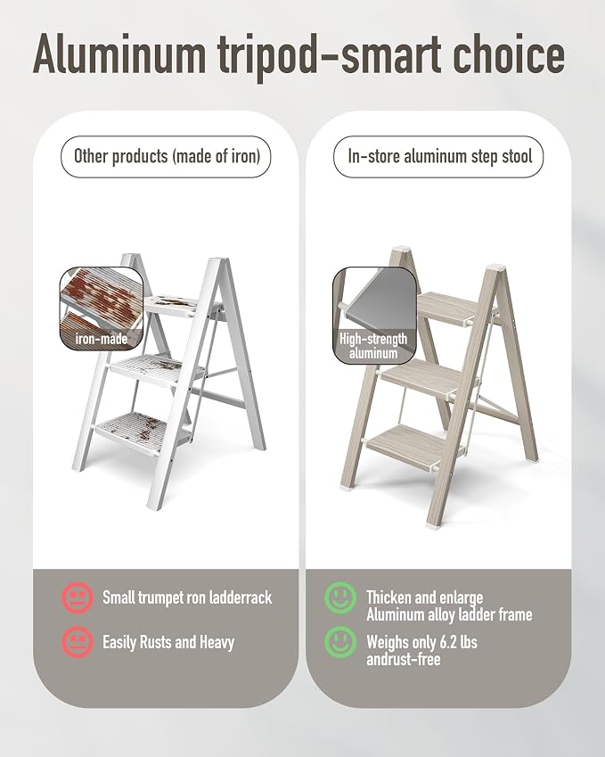 Mayi Plus 3 Step Ladder,Aluminum Folding Step Stool for Adults,Step Ladder with Wide Anti-Slip Pedal,330 lbs Capacity for Home,Kitchen,Library,Office(Fir Woodgrain)