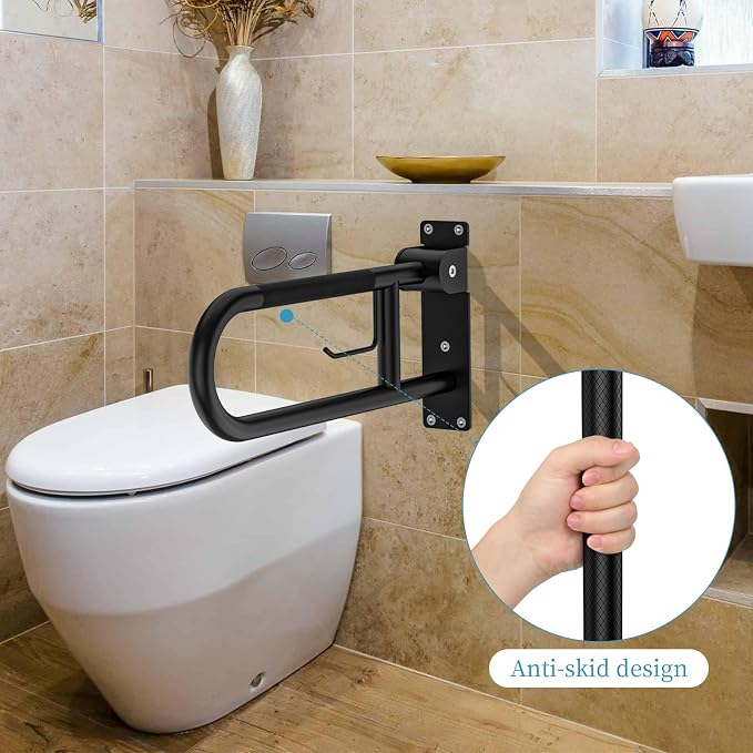 Toilet Grab Bar 24 Inch Black, Munzong Anti-Slip Handicap Grab Bars with Paper Holder, Flip-Up Bathroom Safety Rails, Stainless Steel Knurled Support handrails for Seniors Elderly Disabled Pregnant