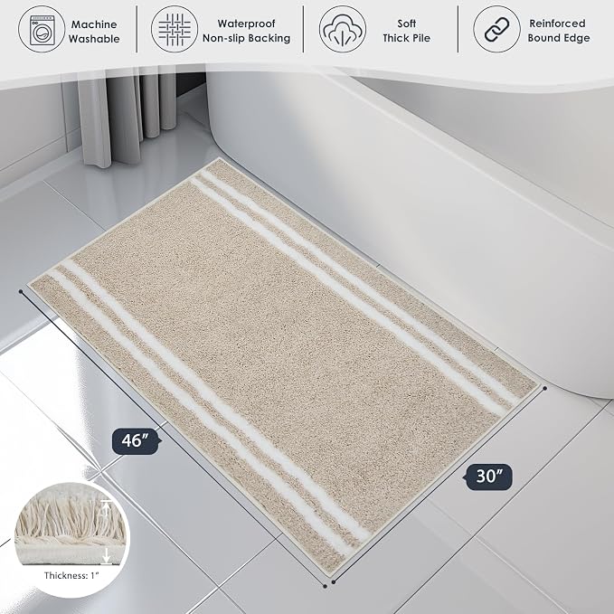 PURRUGS Bathroom Rug Non-Slip Machine Washable 30" x 46", Super Absorbent and Quick Dry Shaggy Microfiber Bath Mat, Extra Soft and Plush Bath Rug for Bathtub, Shower, and Sink, Beige