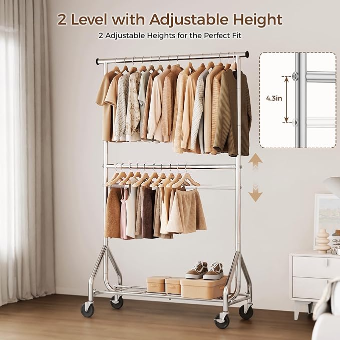 HYSEYY Heavy Duty Clothes Rack, Double Rod Clothing Rack for Hanging Clothes, Rolling Garment Rack, Adjustable Freestanding Wardrobe Closet Coat Rack for Bedroom Laundry Living Room, Silver