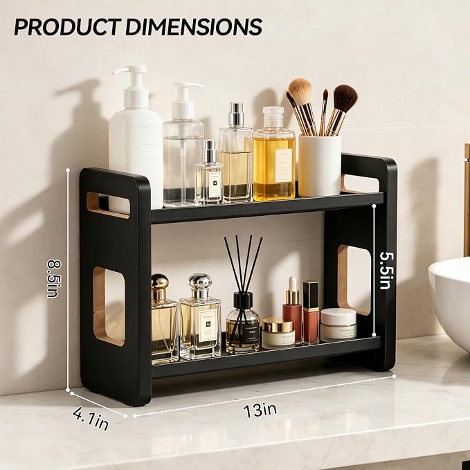 2-Tier Black Bathroom Countertop Organizers and Storage, Vanity Bathroom Sink Organizer Shelf for Skin Care Makeup Cologne and Perfume, Kitchen Countertop Spice Rack Organizer