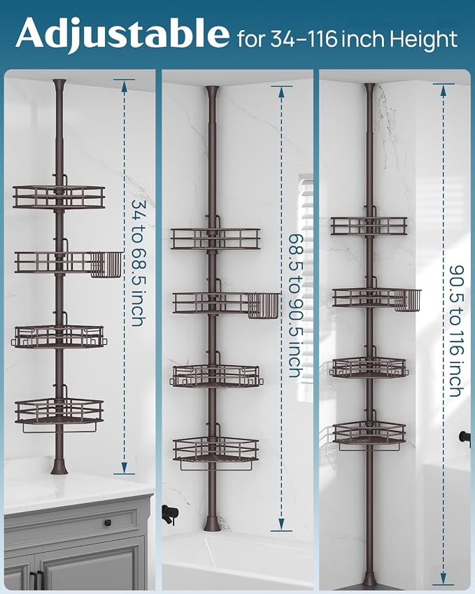 SEIRIONE Corner Shower Caddy Tension Pole, Quick Setup, Rust-Free Bathroom Shower Organizer Corner for Bathtub Shampoo Storage, 4-Tier Adjustable Shelf, Drill Free, Fits 34 to 116 Inch Height, Bronze