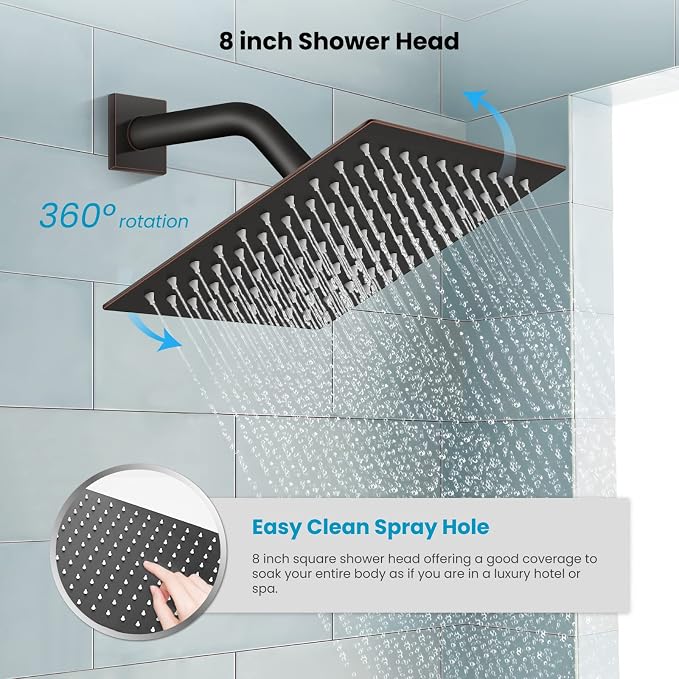 gotonovo Rainfall Bathroom Shower System Rain Shower Head and Handle Set Wall Mounted Shower Complete Combo Solid Brass Pressure Balancing Shower Mixer Valve 8 Inch Oil Rubbed Bronze