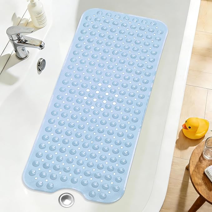 Extra Long Bathtub Mat Non Slip, Light Blue Soft Bath Mat for Tub 40 x 16 Inch Full Size, Bath Tub Shower Mats for Bathroom Floor, Big Suction Cups and Drain Holes, Easy Washable, BPA Free