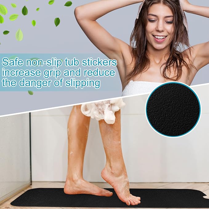 Dunzoom 16" x 40" Non Slip Bathtub Mat with Drain Cut Out Non Skid Safety Bath Mat Adhesive Peel and Stick Bath Tub Mat Arc Angle PEVA Tub Anti Slip Stickers for Shower Floor Wet Areas(Black)