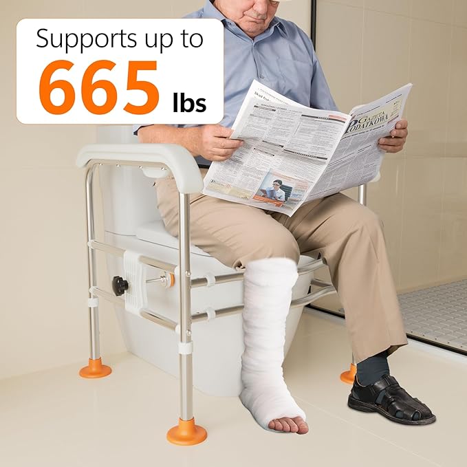 Heavy Duty Toilet Safety Rails for Seniors (665lbs), Adjustable LED Toilet Safety Frame with Handles for Elderly, Foldable Handicap Toilet Aid Support for Most Toilets, Stand Up Assist
