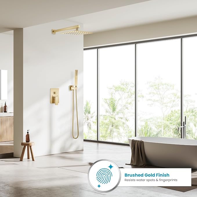 gotonovo Rainfall Bathroom Shower System Rain Shower Head and Handle Set Wall Mounted Shower Complete Combo Solid Brass Pressure Balancing Shower Mixer Valve 10 Inch Brushed Gold