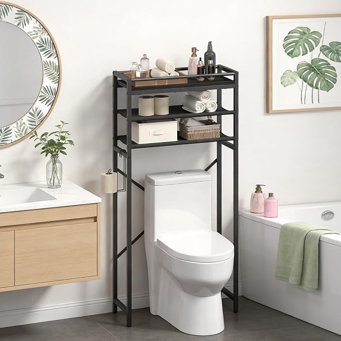 MAHANCRIS Over Toilet Storage, 3-Tier Bathroom Organizer Shelf with Toilet Paper Holder, Freestanding Space Saver Bathroom Shelves Above Toilet for Bathroom, Laundry Room, Black TSBK1201
