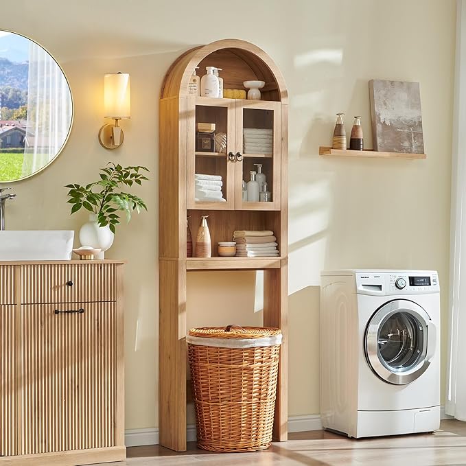 IFGET Arched Over The Toilet Storage Cabinet with Acrylic Doors, Modern Over Toilet Bathroom Organizer Shelf, Small Wooden Bathroom Storage Cabinet with Adjustable Shelf,Space Saver, Natural Oak