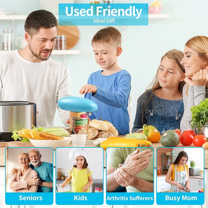 Can Opener Electric - Upgraded One-Touch Automatic, Smooth Edge, USB-C Rechargeable, Perfect for Seniors (Blue)