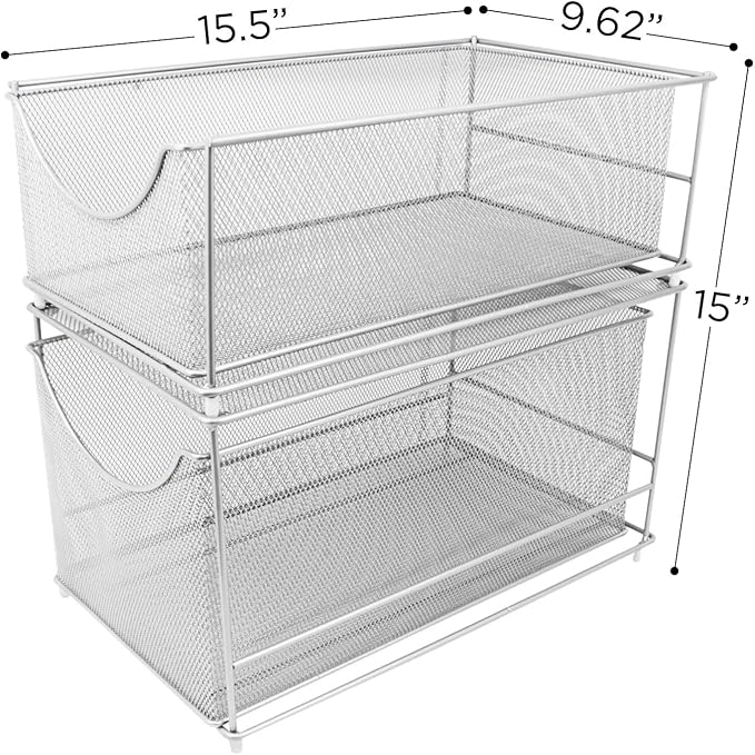 Sorbus® Cabinet Organizer Set —Mesh Storage Organizer with Pull Out Drawers—Ideal for Countertop, Cabinet, Pantry, Under the Sink, Desktop and More (Silver Two-Piece Set)
