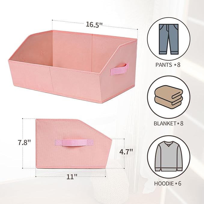 Homsorout Closet Baskets for Shelves Trapezoid - Decorative Storage Baskets with Handle, Closet Bins for Organization, Shelf Storage Bins for Clothes, Books, Home, Office, 4 Pack, Pink