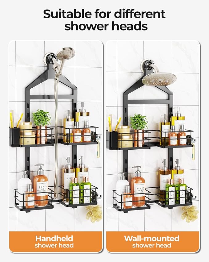 ODesign 2 Tier Height-Adjustable Partition Shower Caddy Hanging Anti-Swing-Over The Shower Head Caddy Storage Organizer Bathroom Shelves Basket-Black