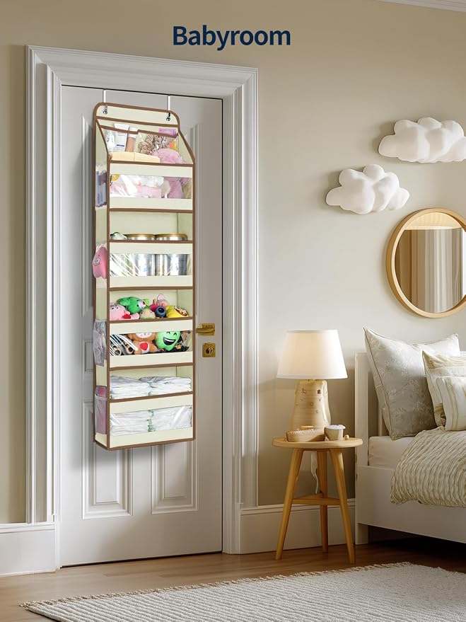 Yecaye 5 Tier 1Pc Over the Door Organizer, Swing-proof Door Organizer Hanging with Clear PVC Windows, Behind the Door Storage for Bedroom Nursery Closet Laundry Pantry Bathroom, Beige