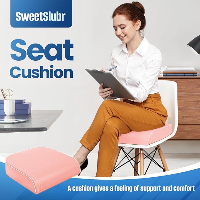 SweetSlubr Seat Cushion for Tailbone Pain Relief, Office Chair Cushion, Memory Foam Large Chair Cushion with Non-Slip Cover for Soft Support at Office Chair, Car Seat, Airplane Pink/2X-Large