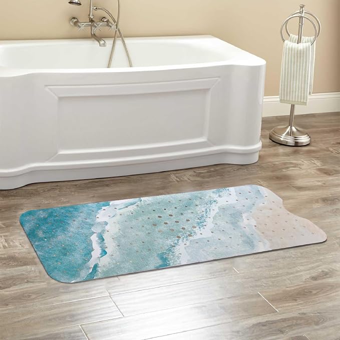 Beach Bathtub Mat Non Slip, Baby Bath Mat for Tub Rubber Tub Mat, Kids Bath Mats for Bathroom Ocean Waves Anti Slip Shower Mat with Suction and Drain Holes Machine Washable, 40″X16″