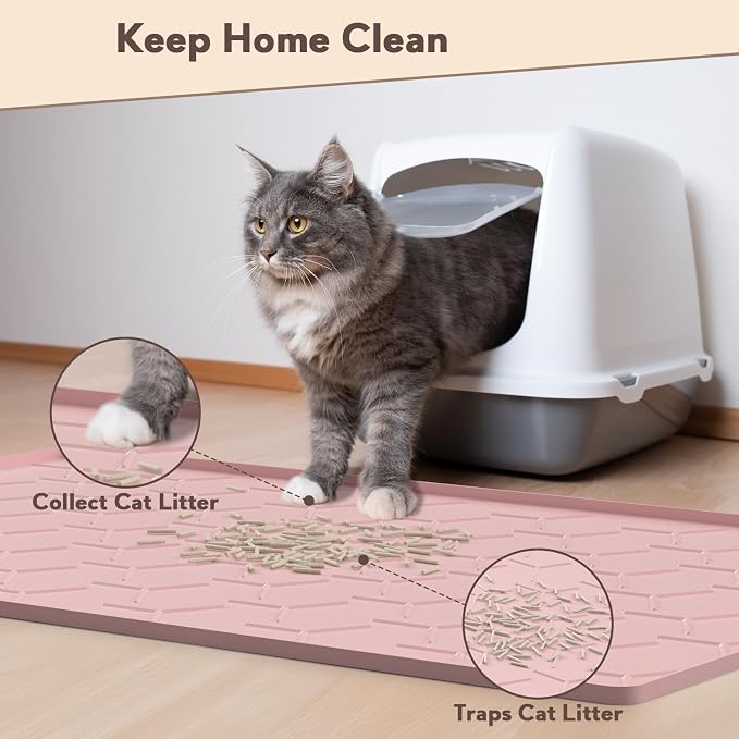 Garoopion Silicone Cat Litter Trapping Mat, Large Waterproof 34" X 22" Cat Litter Box Mat, Easy to Clean, Pink