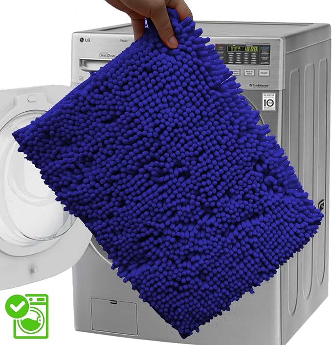 Chenille Bathroom Rug Set - 3-Piece Extra Soft & Absorbent Shag, Machine Washable Mats, Non-Slip PVC Underside, Plush Carpet Mats (Royal Blue)