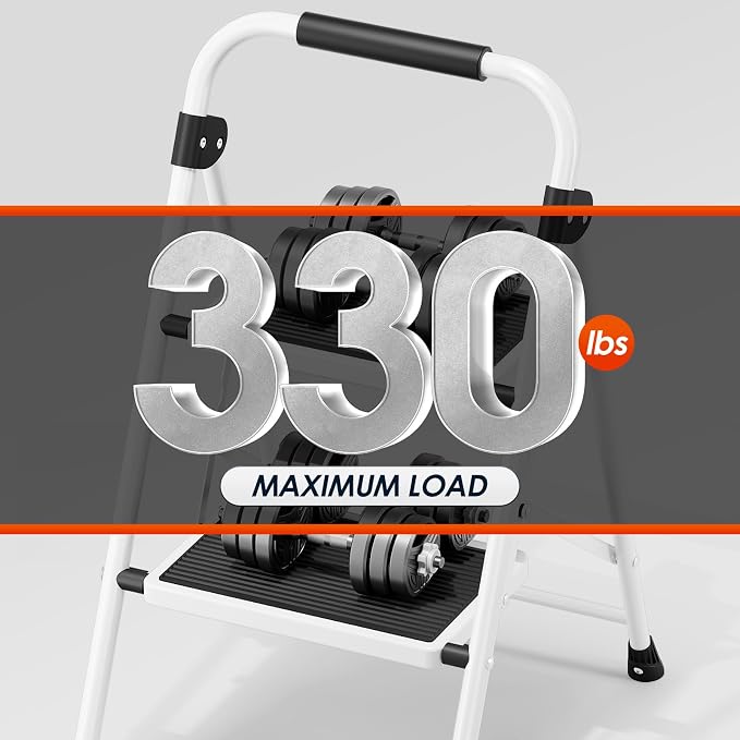 Urackify Step Ladder, 2 Step Ladder with Anti-Slip and Wide Pedal, Portable Foldable Step Stool with Handgrip, Sturdy Step Ladder for Home Kitchen Household, White