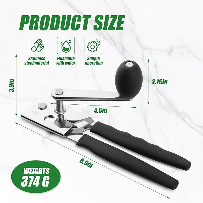 Commercial Can Opener Stainless Steel Handheld Can Opener Smooth Edge with Easy Crank Handle Black Swing Grips for Bulk Cans and All Size Cans