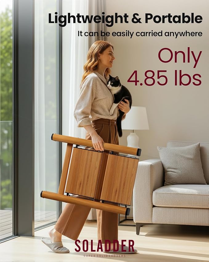 SOLADDER 2 Step Ladder, Folding Step Stool with Anti-Slip Wide Sturdy Pedal, Multi-Use for Home and Kitchen Use, Space Saving-Woodgrain(300lbs Capacity)