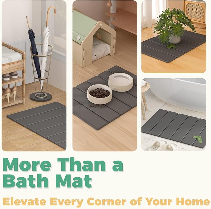SYIPO Stone Bath Mat - Non-Slip Foldable Diatomite Bath Mat 23.6 x 15.3”, Super Absorbent & Quick Drying Bathroom Mat | Easy to Clean Shower Floor Mat, Dark Gray