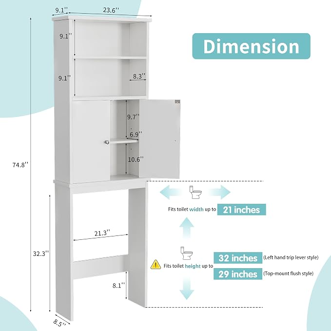 Shintenchi Over the Toilet Storage Cabinet, Bathroom Above the Toilet Rack, Bathroom Adjustable Shelf Organizer with Open Bottom Bar and Anti-Tip Device, White
