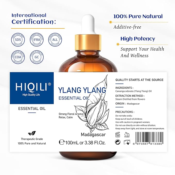 HIQILI Ylang-Ylang Essential Oil, Long-Lasting Scent for Diffuser, Perfumes, Aromatherapy, DIY - 3.38 Fl Oz
