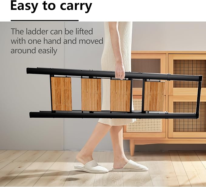 SOLADDER Step Ladder 4 Step Folding Stool with Anti-Slip Widened Sturdy Pedal and Handgrip, Portable Lightweight Aluminum Ladder for Home,Kitchen,300 lbs Capacity-Black+Woodgrain