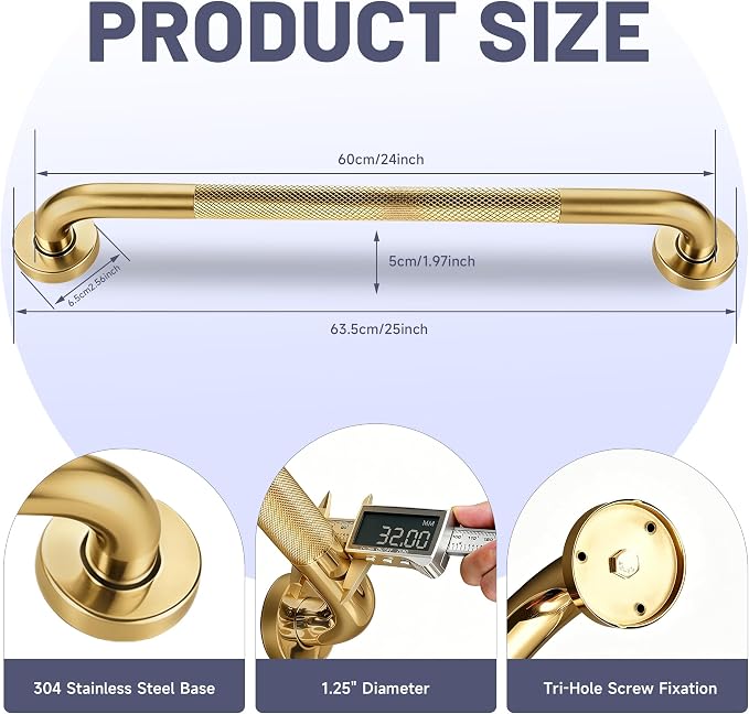 24 Inch Shower Grab Bar, Brushed Gold Anti Slip Safety Bars, 304 Stainless Steel Bathroom Handrail, Handicap Grab Bars for Wall, Shower Grip Handle for Seniors Elderly Injury Assist Bath (1.25" Dia)