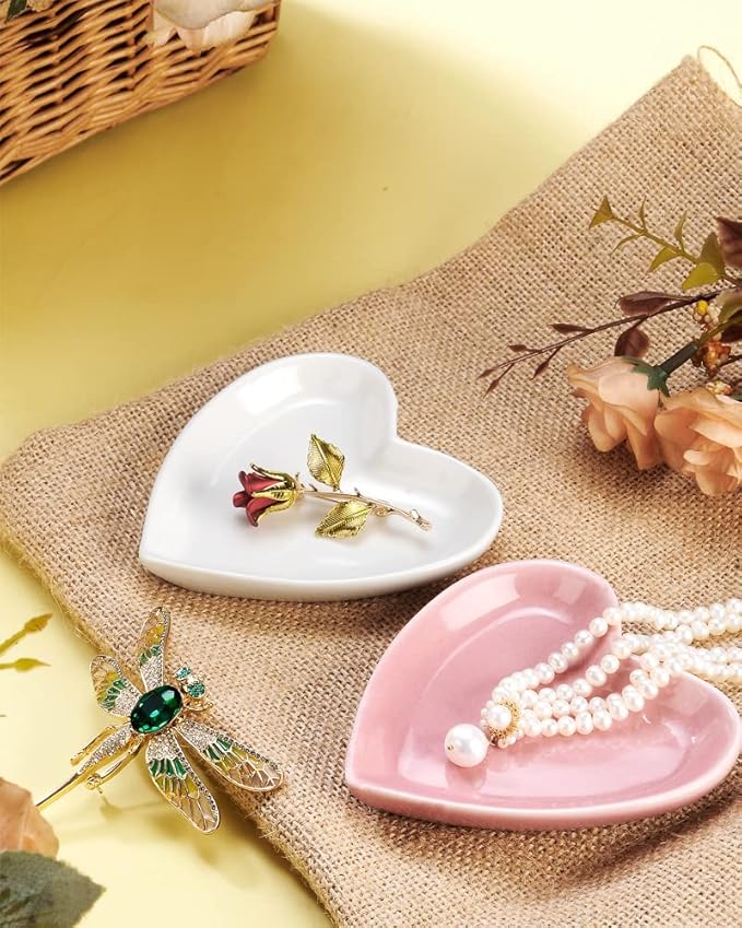 JAMEND CLXP Pink Heart Jewelry Tray, Engagement Wedding Ring Dish Earring Holder for Newlyweds, Sweet Gift for Women, Ceramic. NO ROSE.